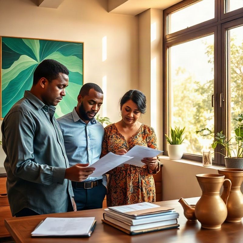 Small professional team reviewing documents in a bright Kenyan office