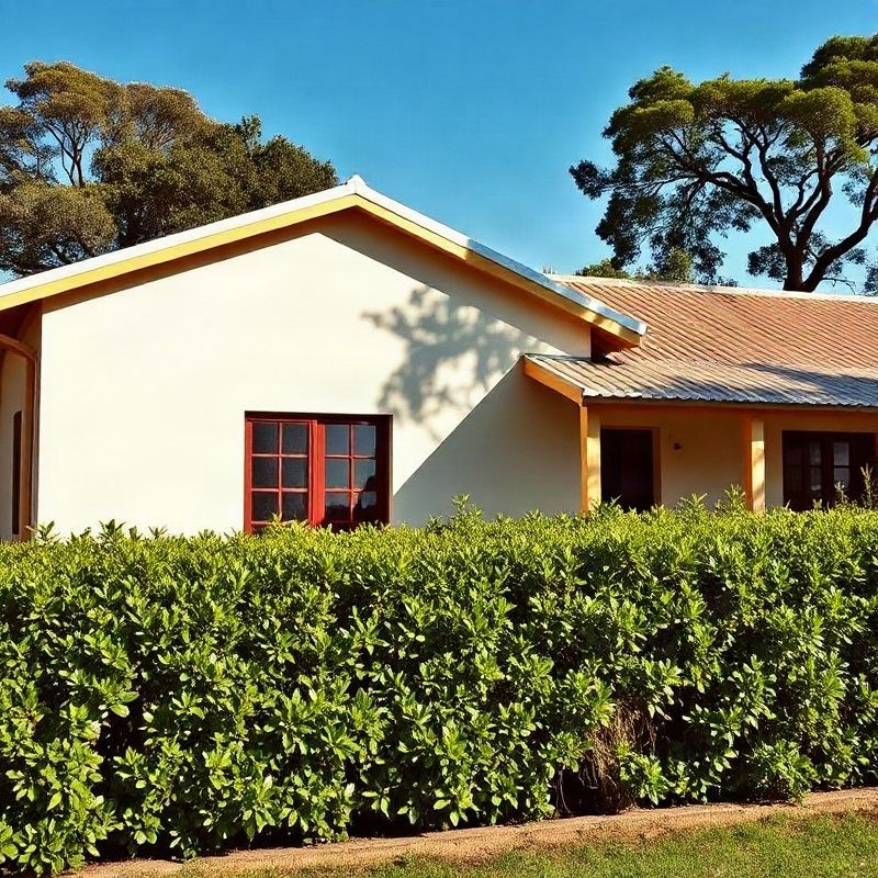 Freshly painted single-storey house in Western Kenya with an emerald garden hedge