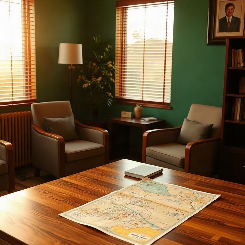 Private consulting room in Kakamega with a property map on a wooden table